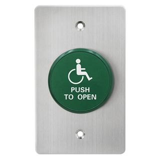 NETDIGITAL, Switch plate, Wall, Wheelchair image, Press to Open Stainless steel, With green low profile mushroom head push button, N/O and N/C contacts, 22mm Dia Hole