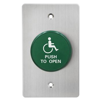 NETDIGITAL, Switch plate, Wall, Wheelchair image, Press to Open Stainless steel, With green low profile mushroom head push button, N/O and N/C contacts, 22mm Dia Hole