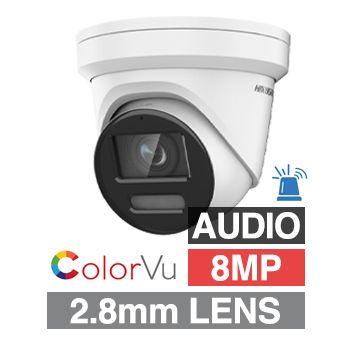 HIKVISION, 8MP ColorVu G2 HD-IP outdoor Turret camera w/ 2-way audio, strobe & audible alarm (LiveGuard), White, 2.8mm fixed lens, 30m White LED, WDR, Microphone, I/O (Alarm & Audio), IP67, 12V DC/POE