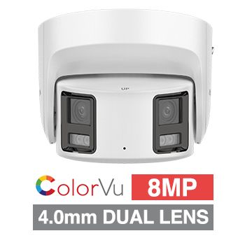 HIKVISION, 8MP ColorVu G2 HD-IP outdoor Panoramic Turret camera w/ 2-way audio, strobe & audible alarm (LiveGuard), White, 4.0mm fixed lens, 30¬m White LED, WDR, Microphone, I/O (Alarm & Audio), IP67