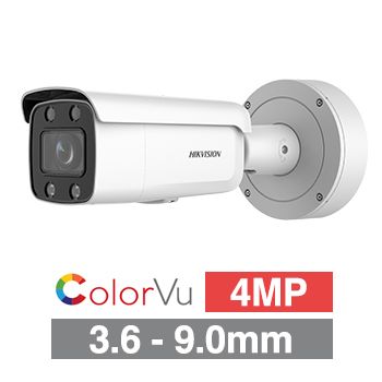 HIKVISION, 4MP ColorVu G2 HD-IP outdoor Bullet camera, White, 3.6-9mm motorised zoom lens, 60m White LED, WDR, I/O (Alarm & Audio), 1/1.8” CMOS, H.265+, IP67, IK10, Tri-axis, 12V DC/POE