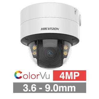 HIKVISION, 4MP ColorVu G2 HD-IP outdoor Vandal Dome camera, White, 3.6-9mm motorised zoom lens, 40m White LED, WDR, I/O (Alarm & Audio), 1/1.8” CMOS, H.265+, IP67, IK10, Tri-axis, 12V DC/POE