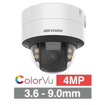 HIKVISION, 4MP ColorVu G2 HD-IP outdoor Vandal Dome camera, White, 3.6-9mm motorised zoom lens, 40m White LED, WDR, I/O (Alarm & Audio), 1/1.8” CMOS, H.265+, IP67, IK10, Tri-axis, 12V DC/POE