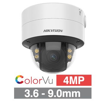 HIKVISION, 4MP ColorVu G2 HD-IP outdoor Vandal Dome camera, White, 3.6-9mm motorised zoom lens, 40m White LED, WDR, I/O (Alarm & Audio), 1/1.8” CMOS, H.265+, IP67, IK10, Tri-axis, 12V DC/POE