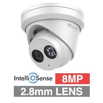 HILOOK, IntelliSense 8MP HD-IP Outdoor Turret camera, Metal, White, 2.8mm fixed lens, 30m IR, 120dB WDR, Day/Night (ICR), 1/2.8" CMOS, H.265/H.265+, IP67, Tri-axis, Microphone, 12V DC/PoE