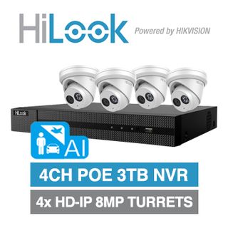 HILOOK, 4 channel HD-IP turret 8MP kit, Includes 1x NVR-104MH-K/4P-3T 4ch POE NVR w/ 3TB HDD & 4x IPC-T281H-M-2.8 8MP IP IR turret cameras w/ 2.8mm fixed lens