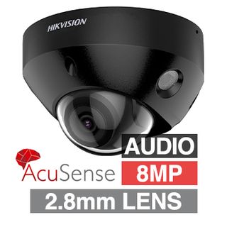 HIKVISION, 8MP AcuSense G2 HD-IP outdoor Vandal Mini Dome camera w/ audio, Black, 2.8mm fixed lens, 30m IR, WDR, Microphone, I/O (Alarm & Audio), 1/1.8” CMOS, H.265+, IP67, IK08, Tri-axis, 12V DC/POE