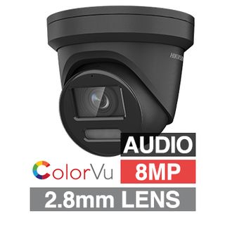 HIKVISION, 8MP ColorVu G2 HD-IP outdoor Turret camera w/ audio, Black, 2.8mm fixed lens, 30m White LED, WDR, Microphone, 1/1.2” CMOS, H.265+, IP67, Tri-axis, 12V DC/POE