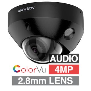 HIKVISION, 4MP ColorVu G2 HD-IP outdoor Vandal Mini Dome camera w/ audio, Black, 2.8mm fixed lens, 30m IR, WDR, Microphone, I/O (Alarm & Audio), 1/1.8” CMOS, H.265+, IP67, IK08, Tri-axis, 12V DC/POE