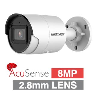 HIKVISION, 8MP AcuSense G2 HD-IP outdoor Mini Bullet camera w/ audio, White, 2.8mm fixed lens, 40m IR, WDR, Microphone, 1/1.8” CMOS, H.265+, IP67, Tri-axis, 12V DC/POE