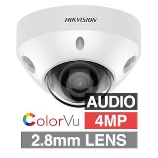 HIKVISION, 4MP ColorVu G2 HD-IP outdoor Vandal Mini Dome camera w/ audio, White, 2.8mm fixed lens, 30m IR, WDR, Microphone, I/O (Alarm & Audio), 1/1.8” CMOS, H.265+, IP67, IK08, Tri-axis, 12V DC/POE