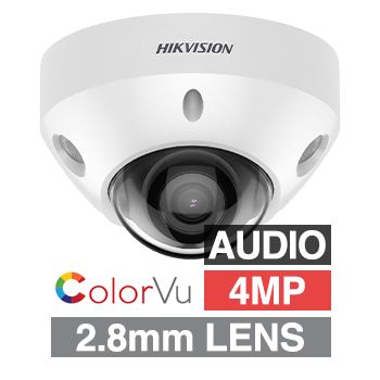 HIKVISION, 4MP ColorVu G2 HD-IP outdoor Vandal Mini Dome camera w/ audio, White, 2.8mm fixed lens, 30m IR, WDR, Microphone, I/O (Alarm & Audio), 1/1.8” CMOS, H.265+, IP67, IK08, Tri-axis, 12V DC/POE
