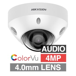 HIKVISION, 4MP ColorVu G2 HD-IP outdoor Vandal Mini Dome camera w/ audio, White, 4.0mm fixed lens, 30m IR, WDR, Microphone, I/O (Alarm & Audio), 1/1.8” CMOS, H.265+, IP67, IK08, Tri-axis, 12V DC/POE