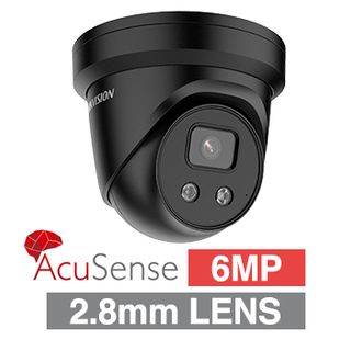 HIKVISION, 6MP AcuSense G2 HD-IP outdoor Turret camera w/ audio, Black, 2.8mm fixed lens, 30m IR, WDR, Microphone, 1/2.4” CMOS, H.265+, IP67, Tri-axis, 12V DC/POE