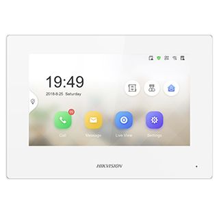 HIKVISION, 2nd Gen, Room station, 7" IPS Touchscreen 1024x600, Hands free, 8CH alarm inputs, Call tone mute with indicator, White, 12V DC, POE.