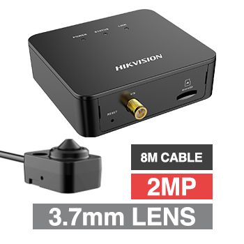 HIKVISION, 2MP HD-IP Covert camera, Black, 3.7mm fixed square lens + 8m cable + main unit for connection, 25fps, 120dB WDR, Day/Night (Electronic), 1/2.8" CMOS, H.265/H.264, 12V DC/PoE