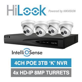 HILOOK, 4 channel IntelliSense HD-IP turret 8MP kit, Includes 1x NVR-104MH-K/4P-3T 4ch POE NVR w/ 3TB HDD & 4x IPC-T281H-M-2.8 8MP IP IR turret cameras w/ 2.8mm fixed lens