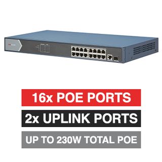 HIKVISION, 16 Port Gigabit POE network switch, Non-managed, 16x Gigabit PoE ports, 1x Gigabit Uplink port, 1x Gigabit SFP port, Max port output 30W power, Total POE power up to 230W, IEEE802.3af/at