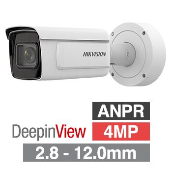 HIKVISION, 4MP DeepinView HD-IP outdoor ANPR Bullet camera, White, 2.8-12mm motorised zoom lens, 50m IR, WDR, I/O (Alarm & Audio), Wiegand output, 1/1.8” CMOS, H.265+, IP67, IK10, 12V DC/POE