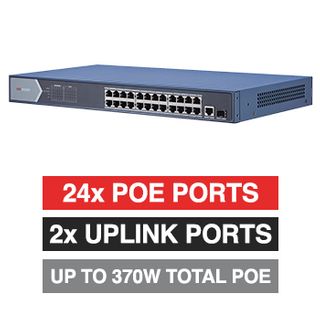 HIKVISION, 24 Port Gigabit POE network switch, Non-managed, 24x Gigabit PoE ports, 1x Gigabit Uplink port, 1x Gigabit SFP port, Max port output 30W power, Total POE power up to 3700W, IEEE802.3af/at