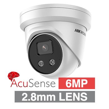 HIKVISION, 6MP AcuSense G2 HD-IP outdoor Turret camera w/ audio, White, 2.8mm fixed lens, 30m IR, WDR, Microphone, 1/2.4” CMOS, H.265+, IP67, Tri-axis, 12V DC/POE