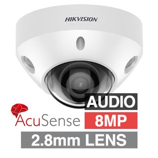 HIKVISION, 8MP AcuSense G2 HD-IP outdoor Vandal Mini Dome camera w/ audio, White, 2.8mm fixed lens, 30m IR, WDR, Microphone, I/O (Alarm & Audio), 1/1.8” CMOS, H.265+, IP67, IK08, Tri-axis, 12V DC/POE