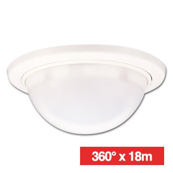 TAKEX, Detector, PIR, Ceiling mount, White, 360deg x 18m coverage, 4.9m max mount height, Adjustable sensitivity, 33 pairs sensitive zones, N/O and N/C contacts, 9-18V DC, 25mA