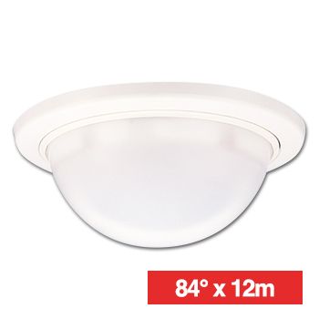 TAKEX, Detector, PIR, Ceiling mount, White, 84deg wide angle 12 x 12m coverage, 4.9m max mount height, Mirror optics, Adjustable sensitivity, 17 pairs sensitive zones, NO & NC contacts, 9-18V DC, 25mA