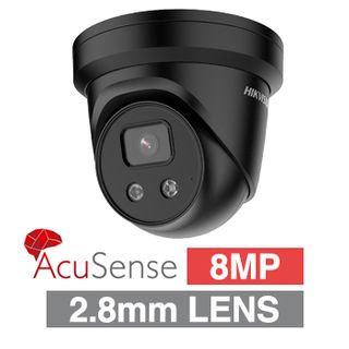 HIKVISION, 8MP AcuSense G2 HD-IP outdoor Turret camera w/ audio, Black, 2.8mm fixed lens, 30m IR, WDR, Microphone, 1/1.8” CMOS, H.265+, IP66, Tri-axis, 12V DC/POE