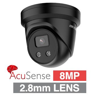 HIKVISION, 8MP AcuSense G2 HD-IP outdoor Turret camera w/ audio, Black, 2.8mm fixed lens, 30m IR, WDR, Microphone, 1/1.8” CMOS, H.265+, IP66, Tri-axis, 12V DC/POE