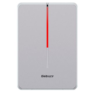 SEBURY, Metal Proximity reader, Switchplate size, 26 Bit Wiegand output, EM, HID and Mifare compatible, Up to 50mm read range, Silver metal body, Red LED, IP65, 12V DC,
