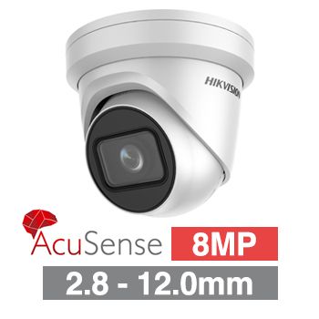 HIKVISION, 8MP HD-IP Outdoor Vandal Turret camera, White, 2.8-12.0mm motorised zoom lens, 40m IR, WDR, 1/1.8" CMOS, H.265/H.265+, IP67, IK10, Tri-axis, 12V DC/PoE