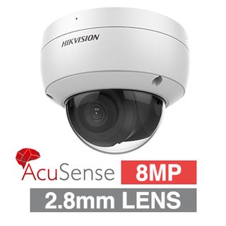 HIKVISION, 8MP AcuSense G2 HD-IP outdoor Vandal Dome camera, White, 2.8mm fixed lens, 30m IR, WDR, 1/1.8” CMOS, H.265+, IP67, IK10, Tri-axis, 12V DC/POE