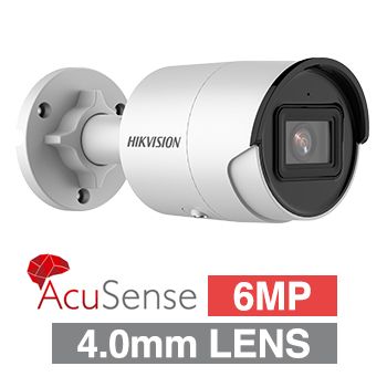 HIKVISION, 6MP AcuSense G2 HD-IP outdoor Mini Bullet camera w/ audio, White, 4.0mm fixed lens, 40m IR, WDR, Microphone, 1/2.4” CMOS, H.265+, IP67, Tri-axis, 12V DC/POE