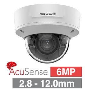 HIKVISION, 6MP AcuSense G2 HD-IP outdoor Vandal Dome camera, White, 2.8-12mm motorised zoom lens, 40m IR, WDR, I/O (Alarm & Audio), 1/2.4” CMOS, H.265+, IP67, IK10, Tri-axis, 12V DC/POE
