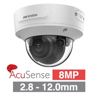 HIKVISION, 8MP AcuSense G2 HD-IP outdoor Vandal Dome camera, White, 2.8-12mm motorised zoom lens, 40m IR, WDR, I/O (Alarm & Audio), 1/1.8” CMOS, H.265+, IP67, IK10, Tri-axis, 12V DC/POE