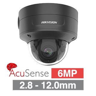 HIKVISION, 6MP AcuSense G2 HD-IP outdoor Vandal Dome camera, Black, 2.8-12mm motorised zoom lens, 40m IR, WDR, I/O (Alarm & Audio), 1/2.4” CMOS, H.265+, IP66, IK10, Tri-axis, 12V DC/POE