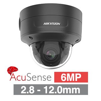 HIKVISION, 6MP AcuSense G2 HD-IP outdoor Vandal Dome camera, Black, 2.8-12mm motorised zoom lens, 40m IR, WDR, I/O (Alarm & Audio), 1/2.4” CMOS, H.265+, IP66, IK10, Tri-axis, 12V DC/POE
