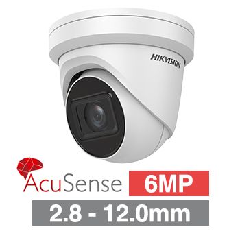 HIKVISION, 6MP AcuSense G2 HD-IP outdoor Vandal Turret camera, White, 2.8-12mm motorised zoom lens, 40m IR, WDR, I/O (Alarm & Audio), 1/2.4” CMOS, H.265+, IP67, IK10, Tri-axis, 12V DC/POE