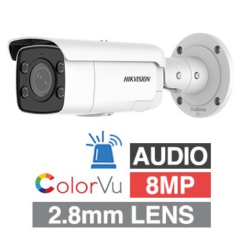 HIKVISION, 8MP ColorVu G2 HD-IP outdoor Bullet camera w/ 2-way audio, strobe & audible alarm (LiveGuard), White, 2.8mm fixed lens, 60m White LED, WDR, Microphone, I/O (Alarm & Audio), IP67, 12V DC/POE