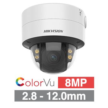 HIKVISION, 8MP ColorVu G2 HD-IP outdoor Vandal Dome camera, White, 2.8-12mm motorised zoom lens, 40m White LED, WDR, I/O (Alarm & Audio), 1/1.8” CMOS, H.265+, IP67, IK10, Tri-axis, 12V DC/POE