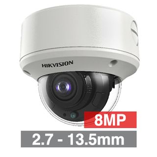 HIKVISION, 8MP Analogue HD outdoor Vandal Dome camera, White, 2.7-13.5mm motorised zoom lens, TVI/AHD/CVI/CVBS, 60m IR, 130dB WDR, Day/Night (ICR), IP67, IK10, Tri-axis, 12V DC/24V AC