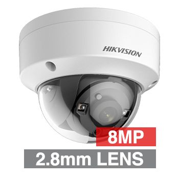 HIKVISION, 8MP Analogue HD outdoor Vandal Dome camera, White, 2.8mm fixed lens, TVI/AHD/CVI/CVBS, 30m IR, 130dB WDR, Day/Night (ICR), IP67, IK10, Tri-axis, 12V DC