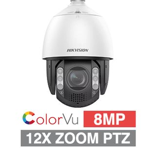 HIKVISION, 8MP ColorVu G2 HD-IP outdoor PTZ camera w/ speaker & flashing strobe, White, 12x Zoom (6.7 - 80.4mm lens), Auto tracking, 100m White LED, 150m IR, 120dB WDR, IP66, 24V AC, Hi-POE