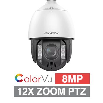 HIKVISION, 8MP ColorVu G2 HD-IP outdoor PTZ camera w/ speaker & flashing strobe, White, 12x Zoom (6.7 - 80.4mm lens), Auto tracking, 100m White LED, 150m IR, 120dB WDR, IP66, 24V AC, Hi-POE