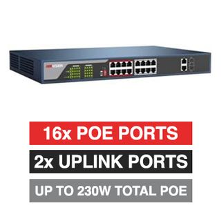 HIKVISION, 16 Port Ethernet POE network switch, Non-managed, 16x 10/100Mbps RJ45 ports + 2x Gigabit RJ45 & 2x SFP Uplink ports (Shared), Max port output 30W power, Total POE power up to 230W