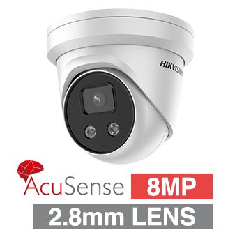 HIKVISION, 8MP AcuSense G2 HD-IP outdoor Turret camera w/ audio, White, 2.8mm fixed lens, 30m IR, WDR, Microphone, 1/1.8” CMOS, H.265+, IP66, Tri-axis, 12V DC/POE