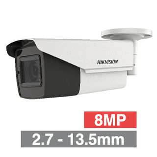 HIKVISION, 8MP Analogue HD outdoor Bullet camera, White, 2.7-13.5mm motorised zoom lens, TVI/AHD/CVI/CVBS, 80m IR, 130dB WDR, Day/Night (ICR), IP67, Tri-axis, 12V DC/24V AC