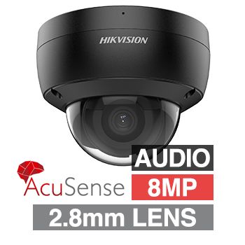 HIKVISION, 8MP AcuSense G2 HD-IP outdoor Vandal Dome camera w/ audio, Black, 2.8mm fixed lens, 30m IR, WDR, Microphone, I/O (Alarm & Audio), 1/1.8” CMOS, H.265+, IP67, IK10, Tri-axis, 12V DC/POE