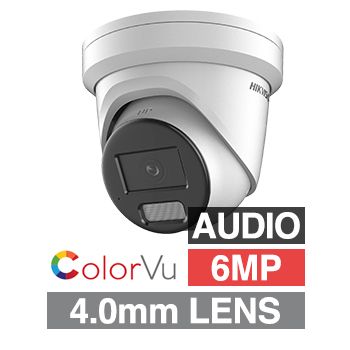 HIKVISION, 6MP ColorVu G2 HD-IP outdoor Turret camera w/ audio, White, 4.0mm fixed lens, 30m White LED, WDR, Microphone, 1/1.8” CMOS, H.265+, IP67, Tri-axis, 12V DC/POE